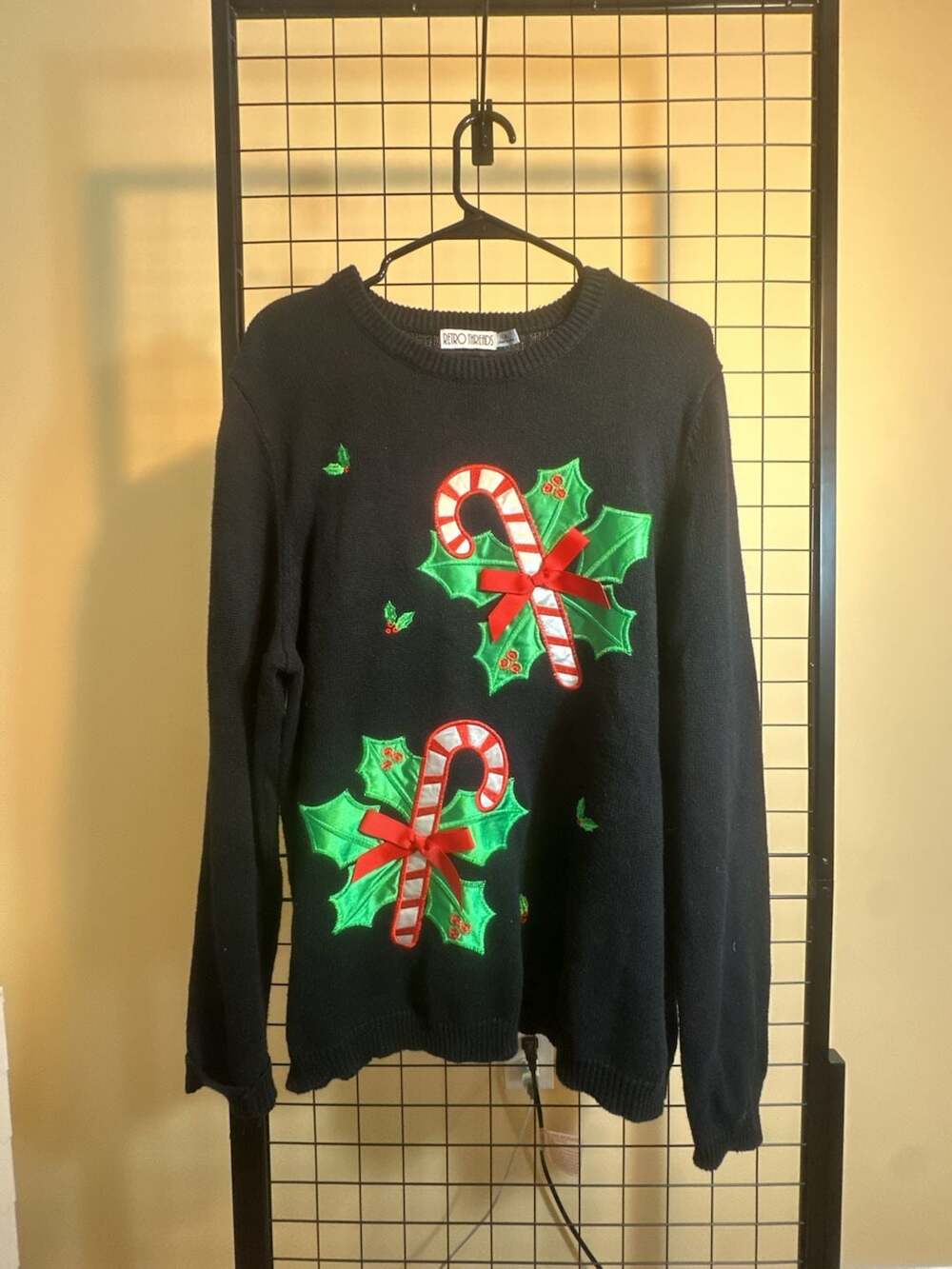 Retro Threads Candy Cane and Holly Holiday Crewneck Sweater